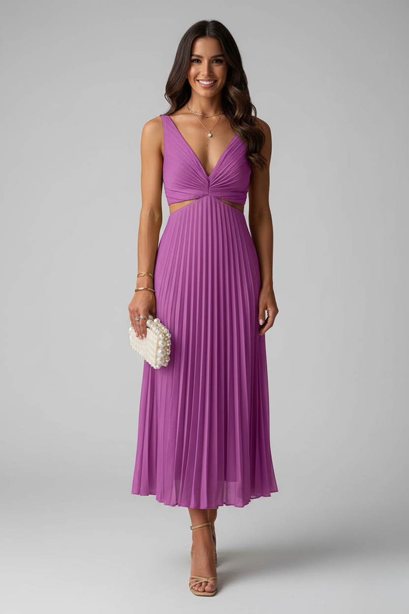 Abito Midi Donna da Cerimonia Plissettato Fluido Elegante