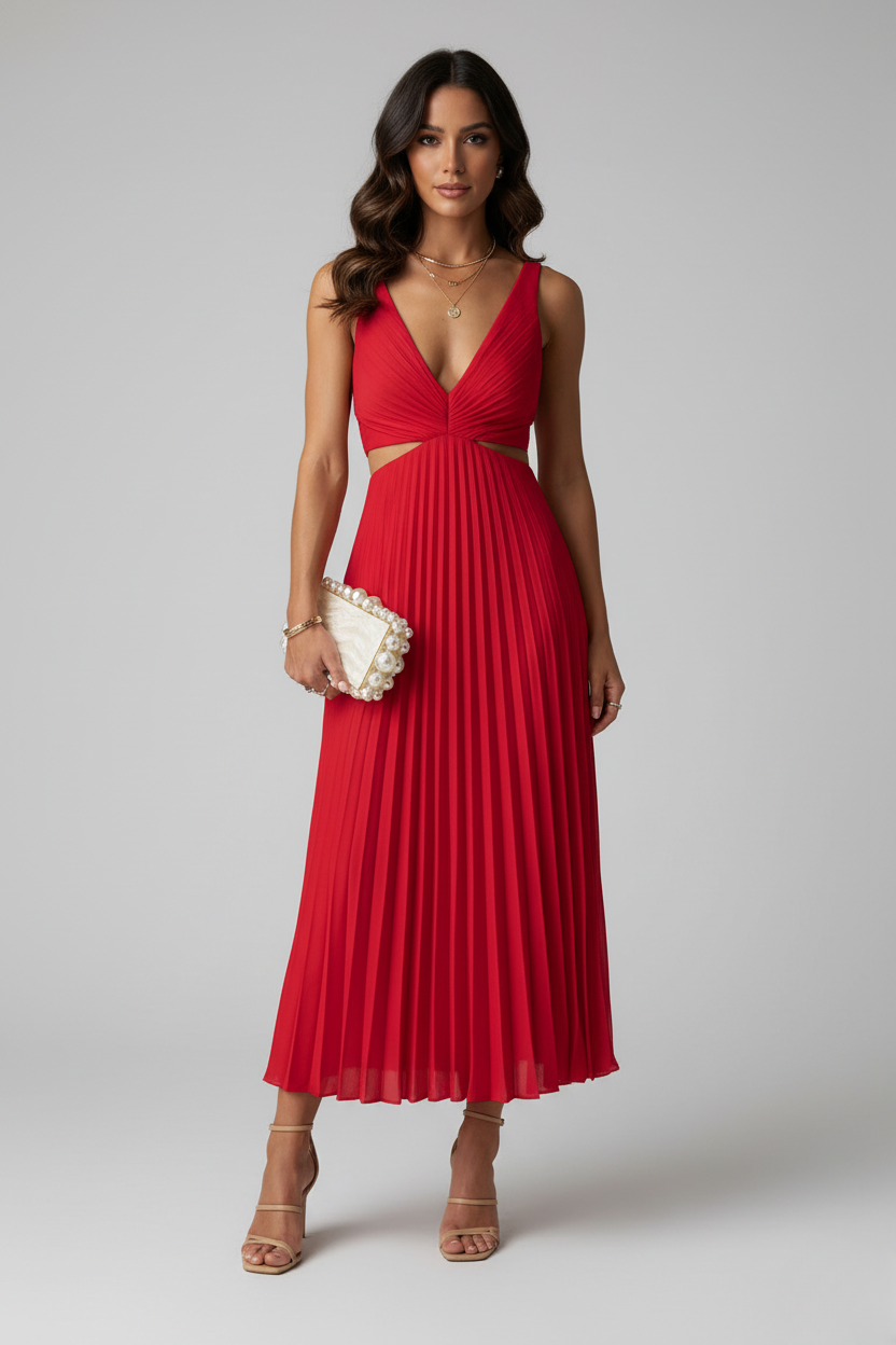 Abito Midi Donna da Cerimonia Plissettato Fluido Elegante