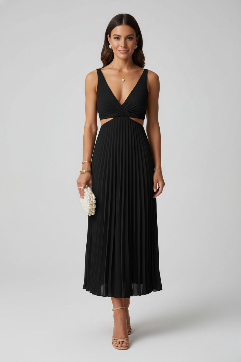 Abito Midi Donna da Cerimonia Plissettato Fluido Elegante