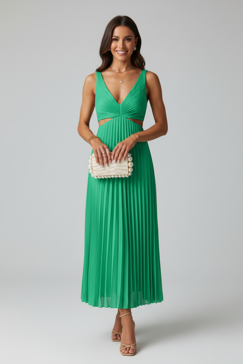 Abito Midi Donna da Cerimonia Plissettato Fluido Elegante