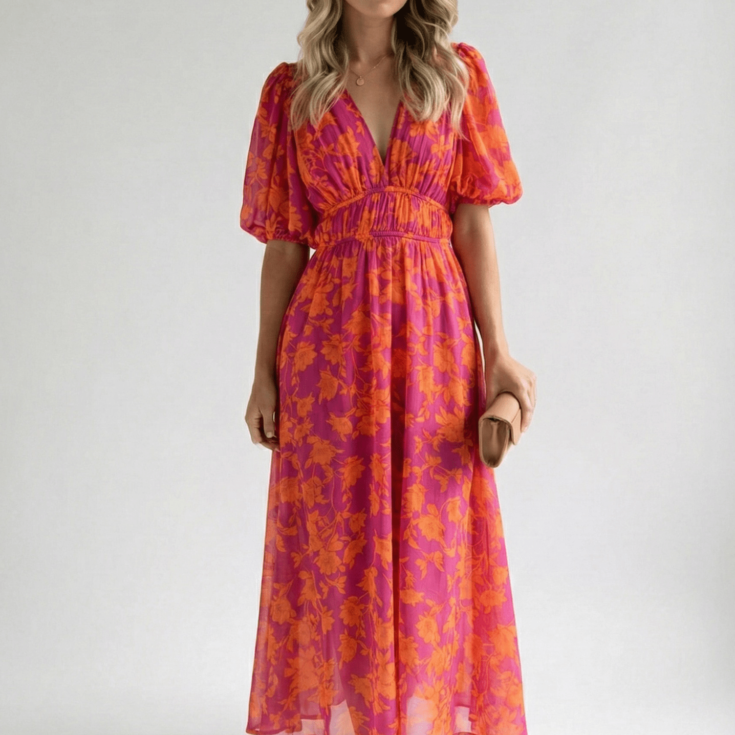 Abito Lungo Donna in Chiffon Scollo a V Elegante