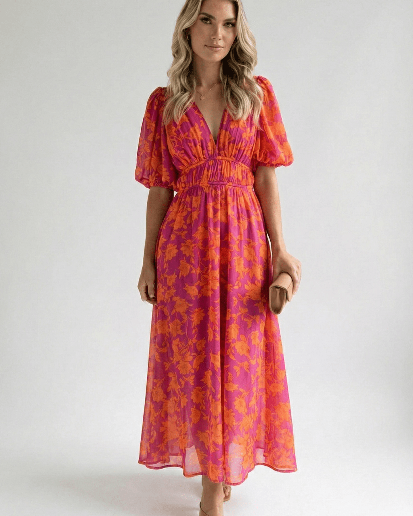Abito Lungo Donna in Chiffon Scollo a V Elegante