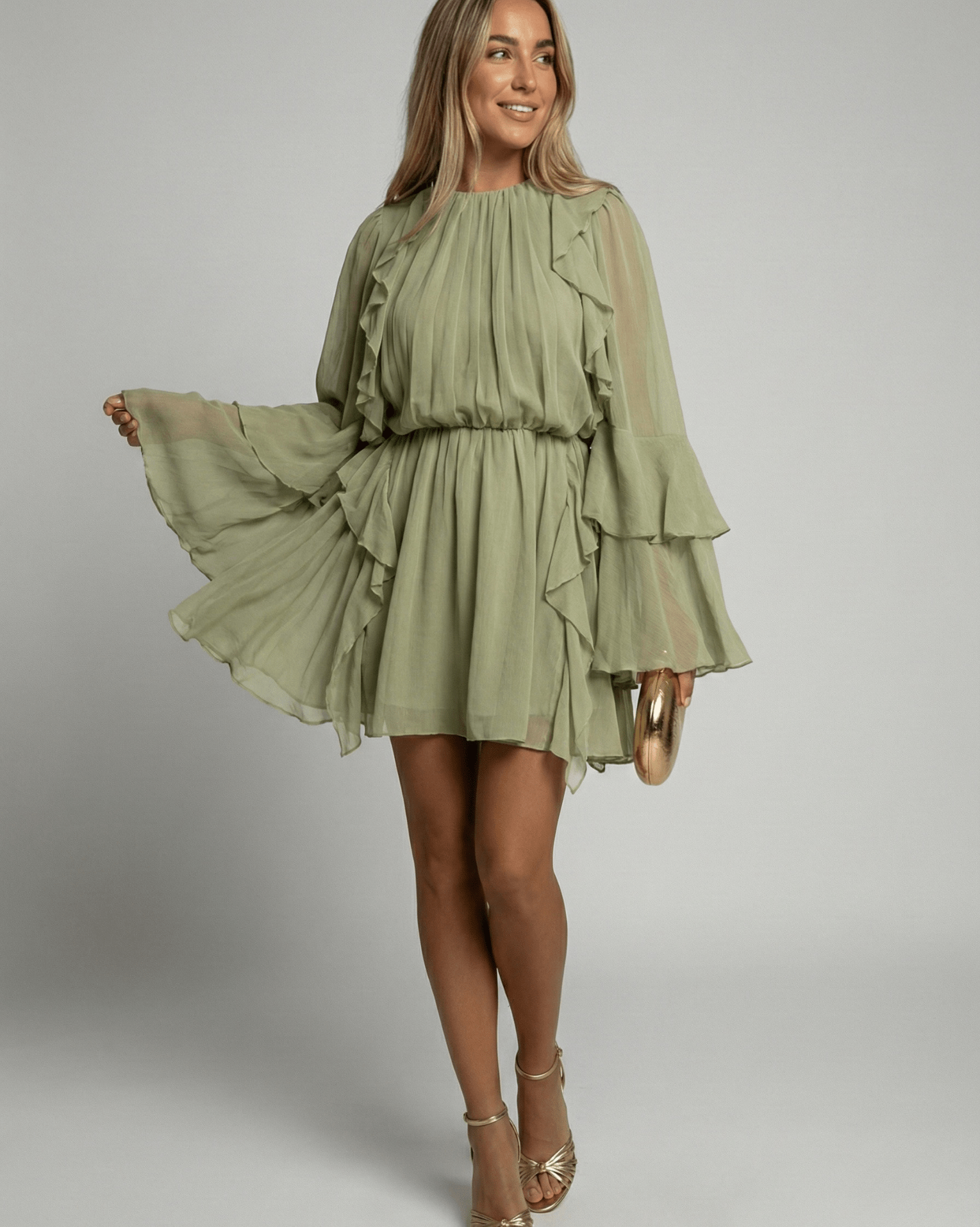 Abito Corto Donna in Chiffon Plissettato Maniche a Volant