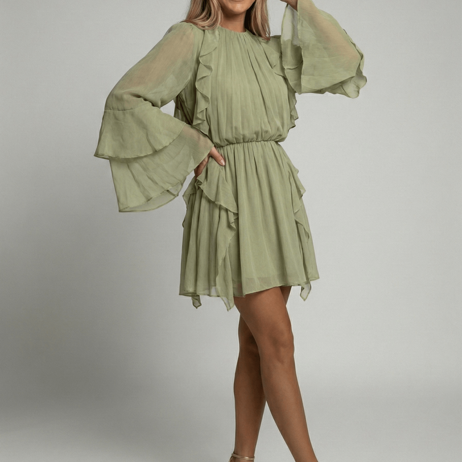 Abito Corto Donna in Chiffon Plissettato Maniche a Volant