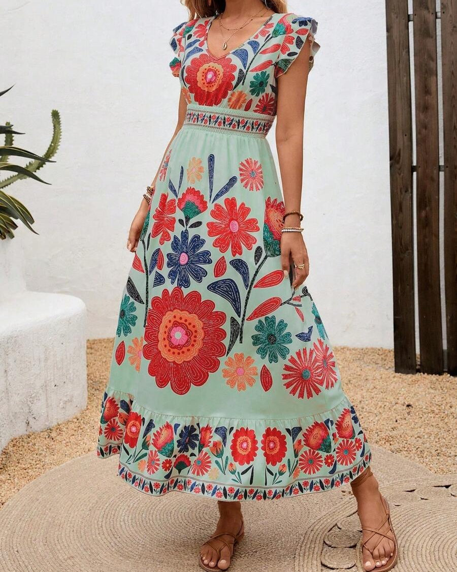 Abito Midi Donna Floreale Scollo a V con Volant Estivo