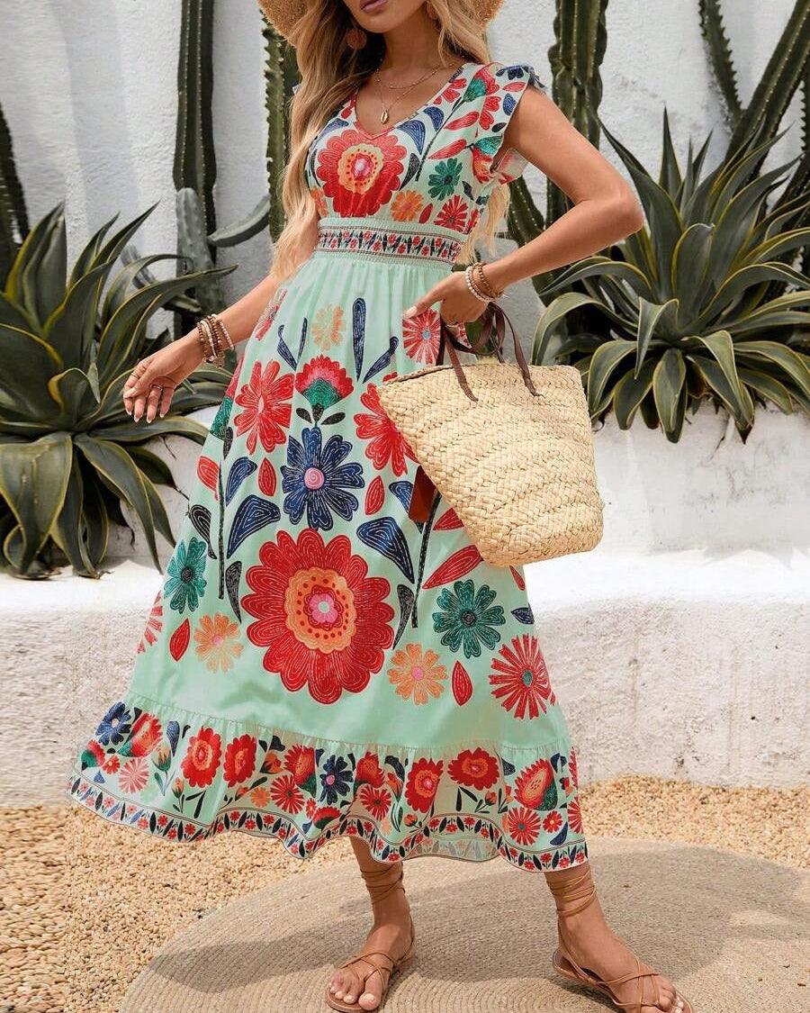 Abito Midi Donna Floreale Scollo a V con Volant Estivo
