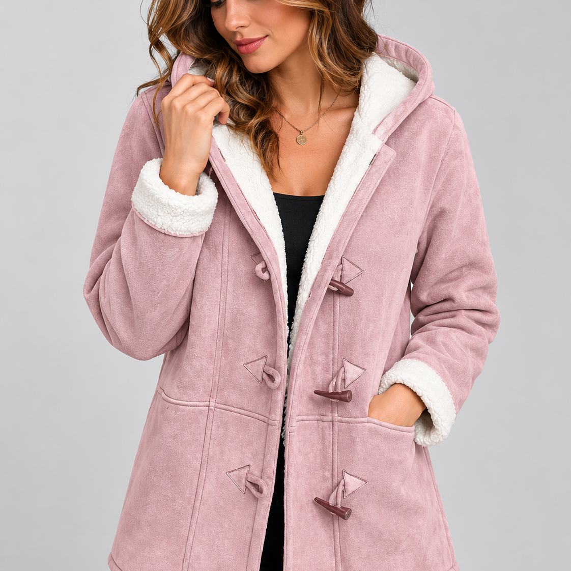 Cappotto Donna Effetto Camoscio Ampio con Cappuccio Foderato
