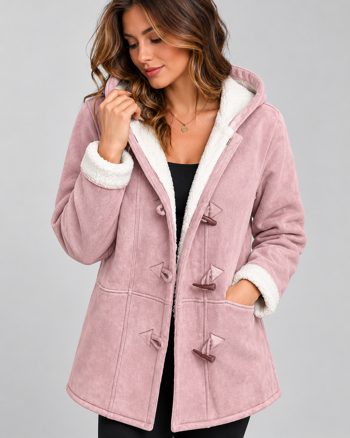 Cappotto Donna Effetto Camoscio Ampio con Cappuccio Foderato
