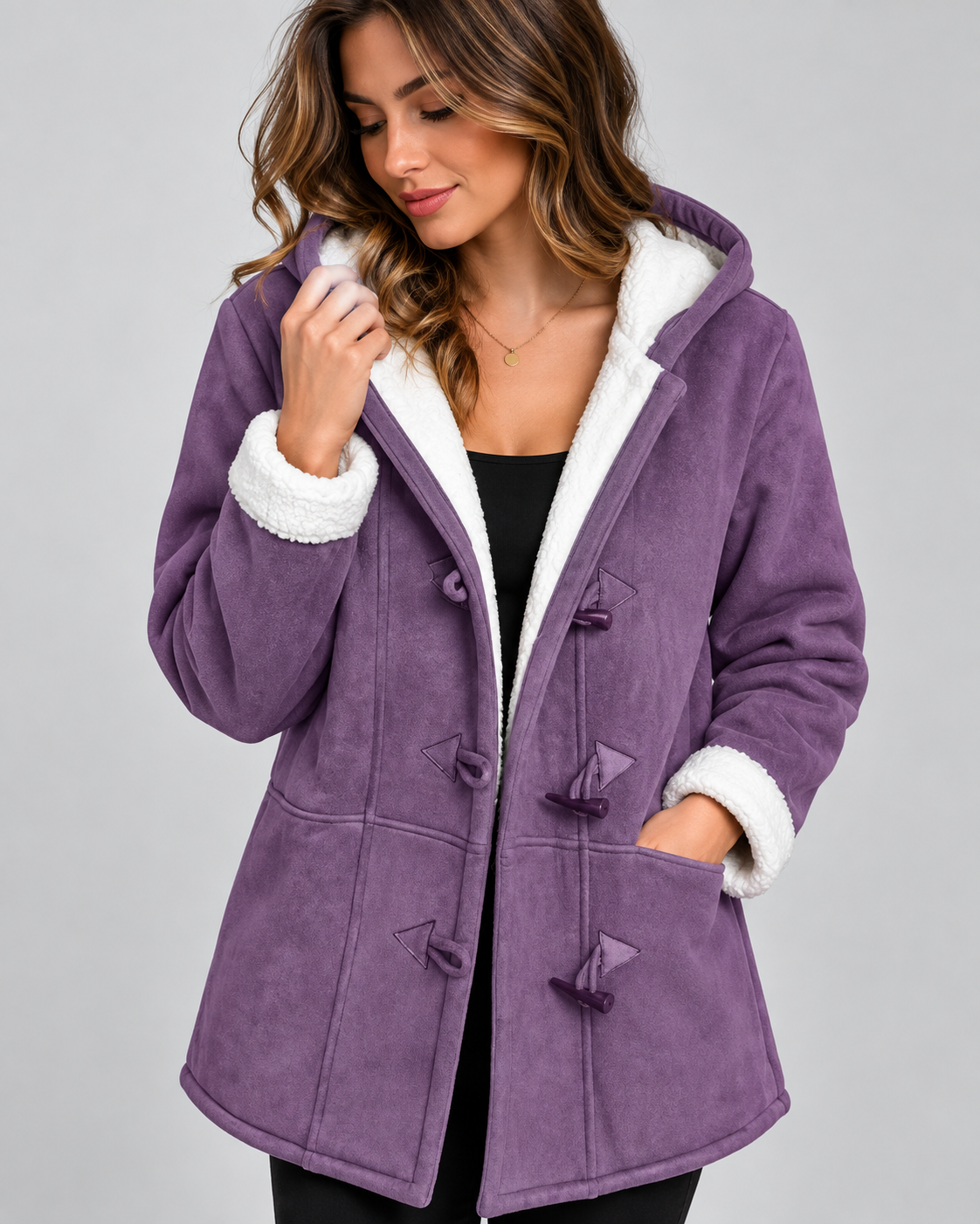 Cappotto Donna Effetto Camoscio Ampio con Cappuccio Foderato