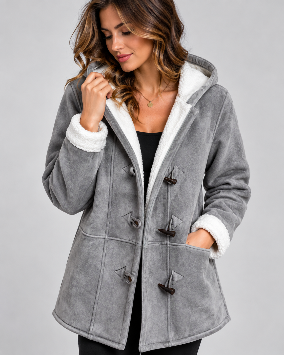 Cappotto Donna Effetto Camoscio Ampio con Cappuccio Foderato