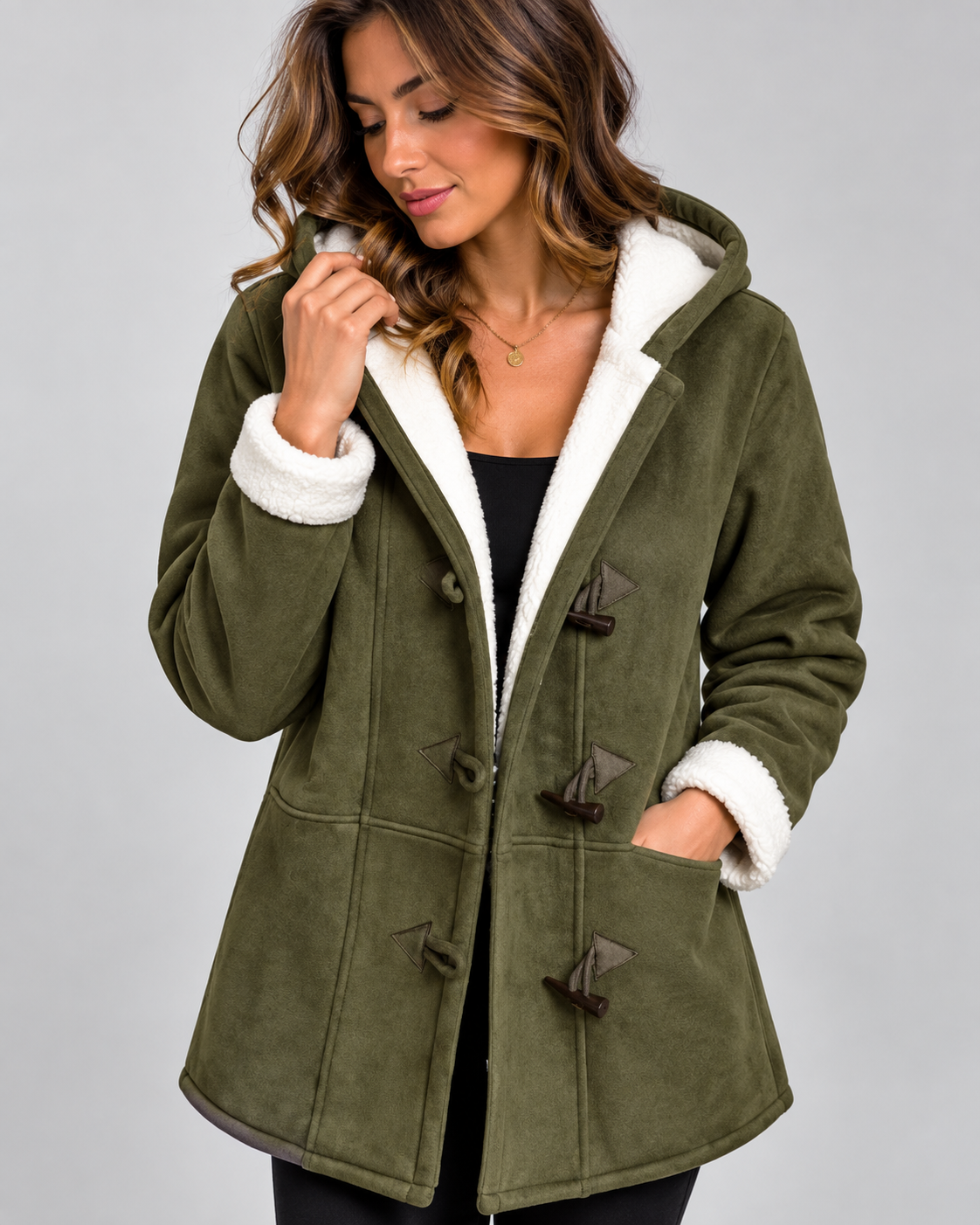 Cappotto Donna Effetto Camoscio Ampio con Cappuccio Foderato