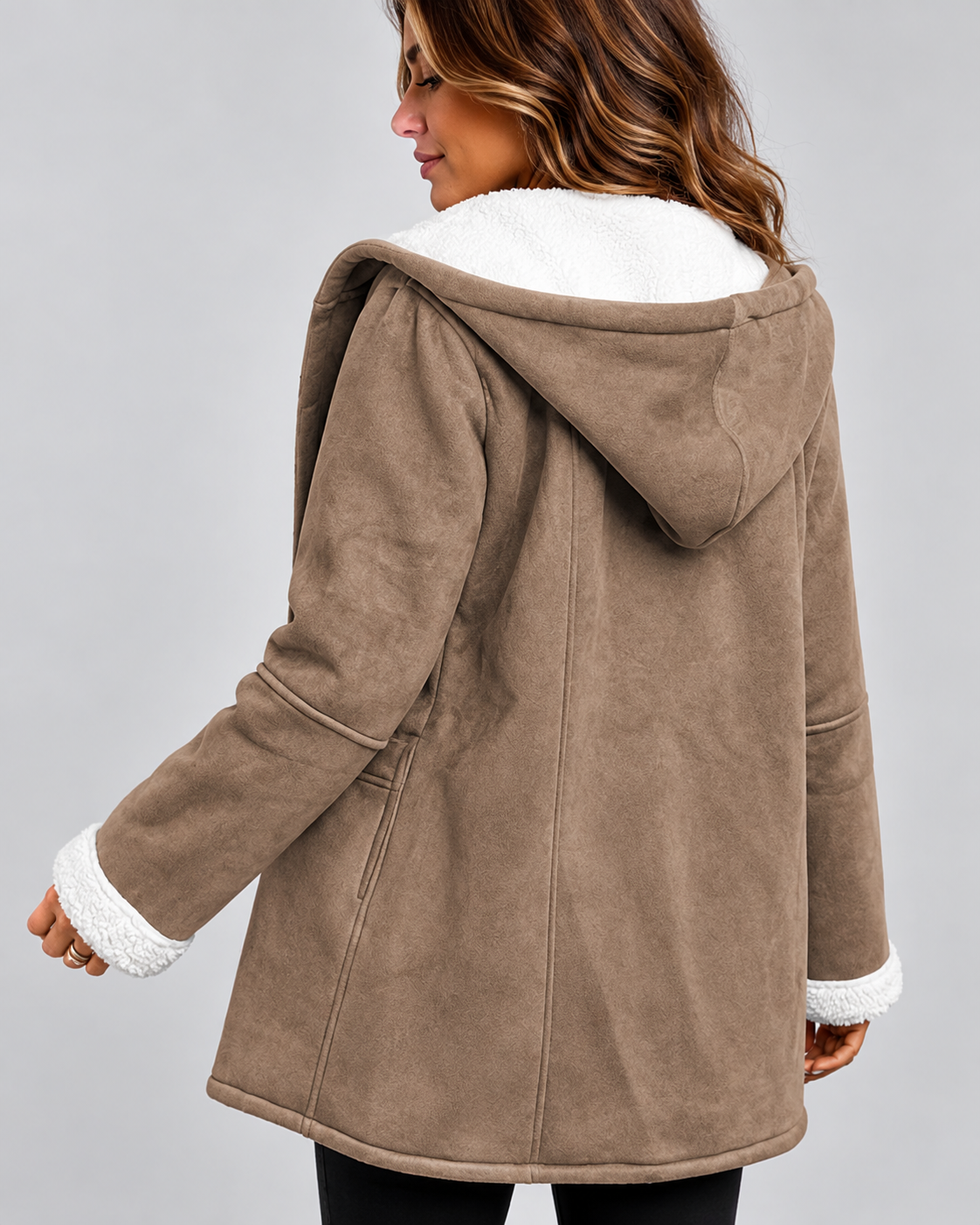 Cappotto Donna Effetto Camoscio Ampio con Cappuccio Foderato