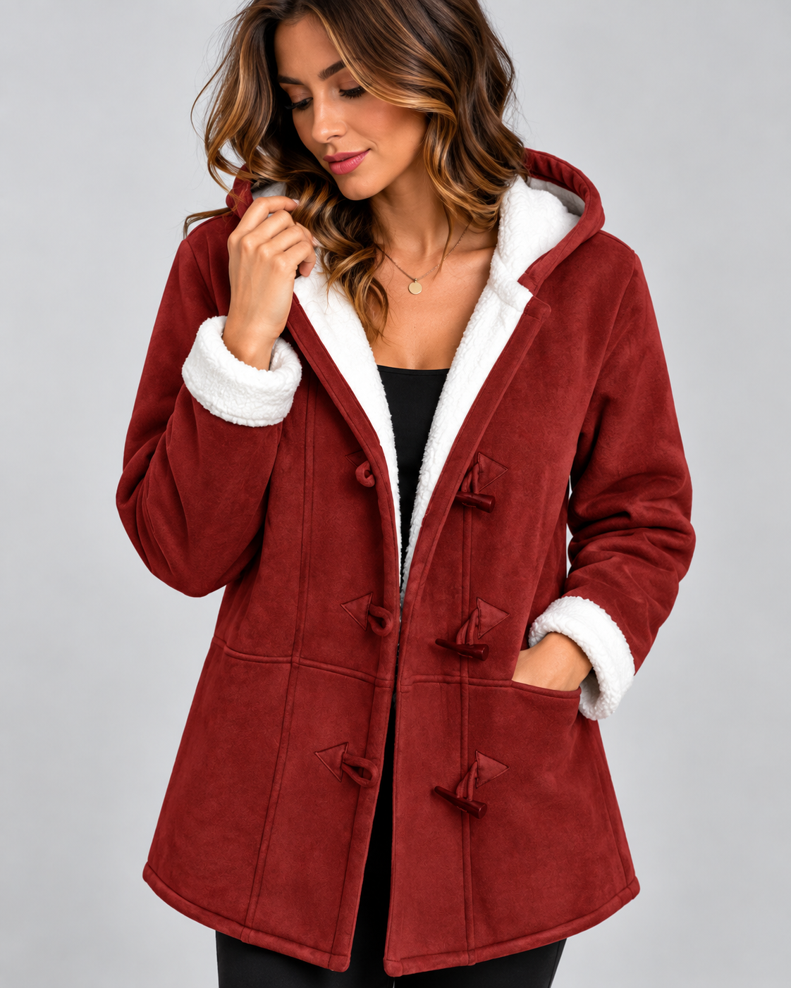 Cappotto Donna Effetto Camoscio Ampio con Cappuccio Foderato