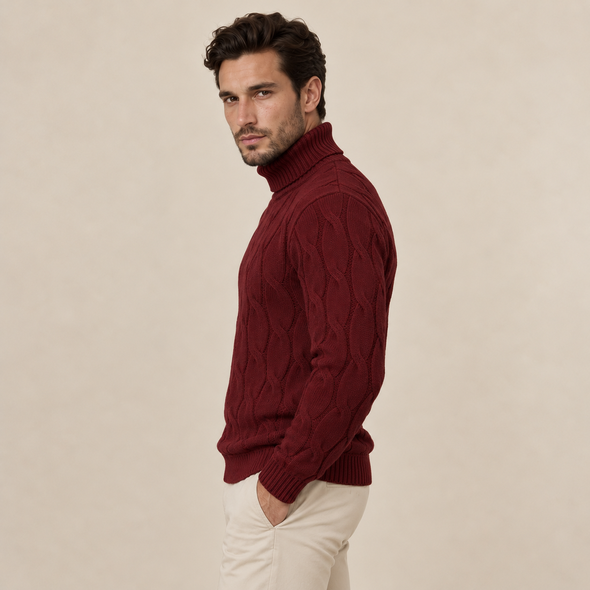 Maglione Uomo a Trecce Collo Alto in Maglia Classico Caldo