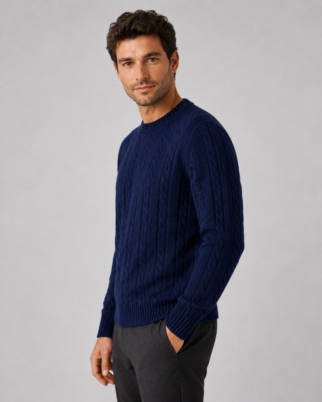 Maglione Uomo Girocollo in Maglia a Trecce Misto Cotone