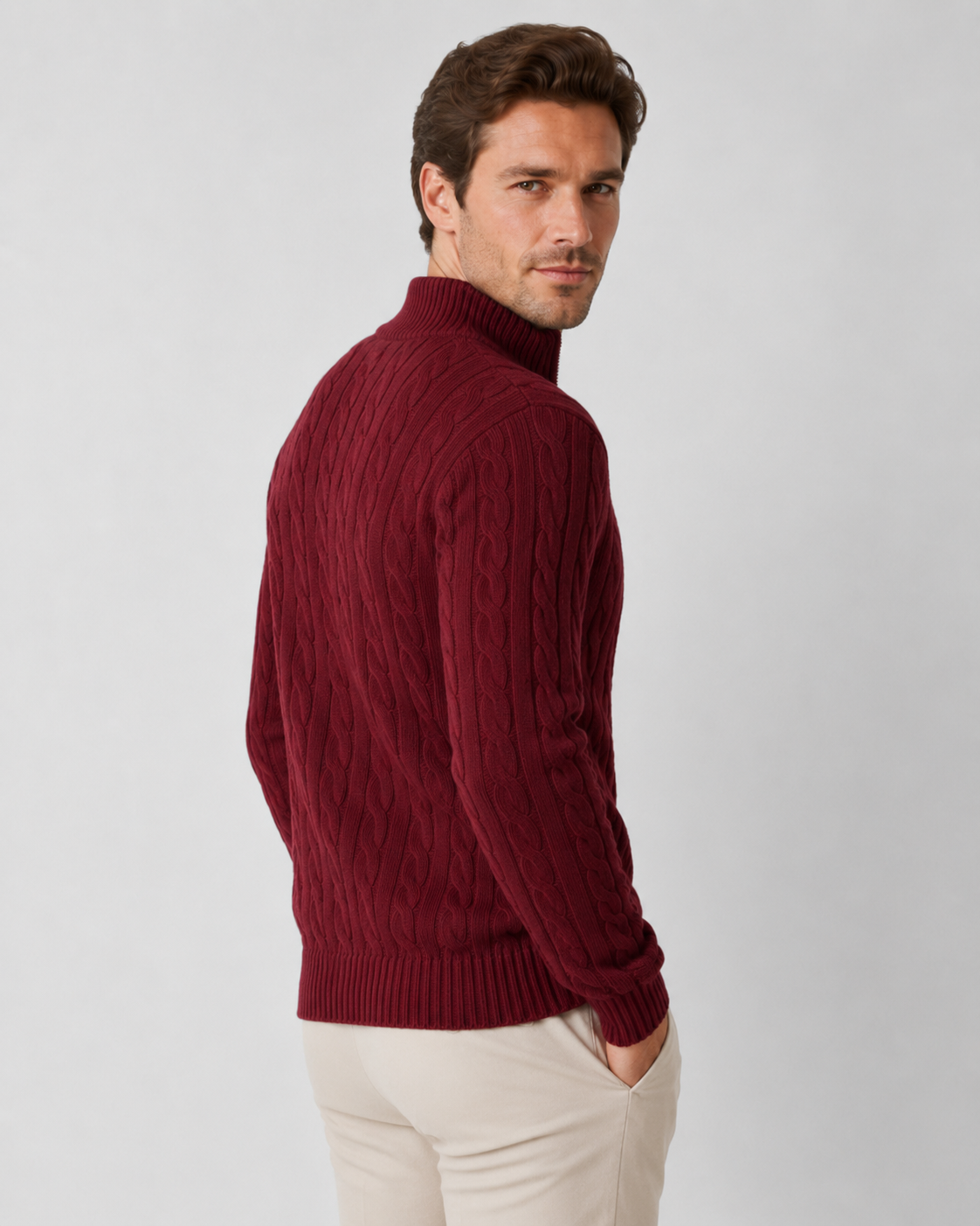 Maglione Uomo Mezza Zip in Maglia a Trecce Spessa