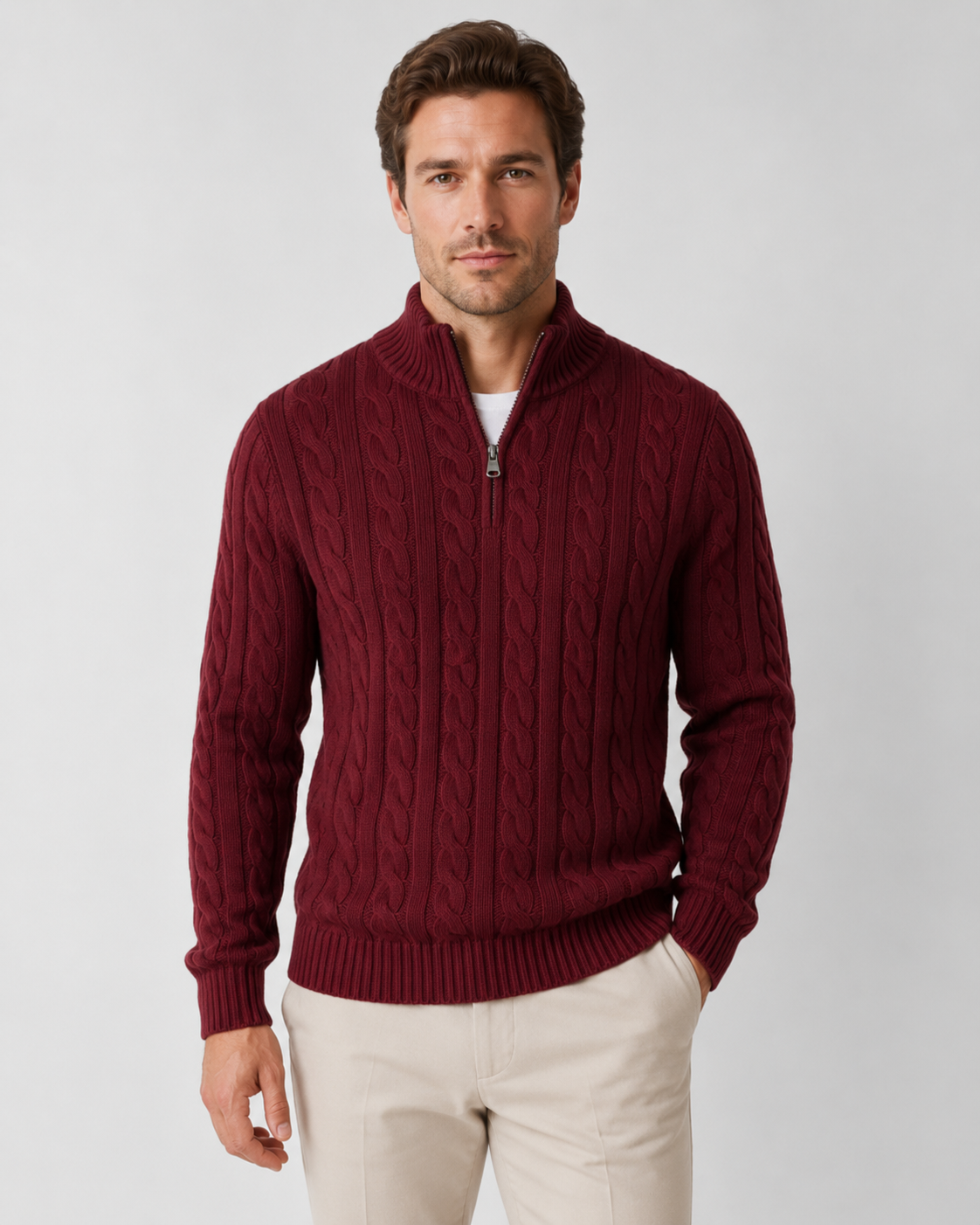 Maglione Uomo Mezza Zip in Maglia a Trecce Spessa