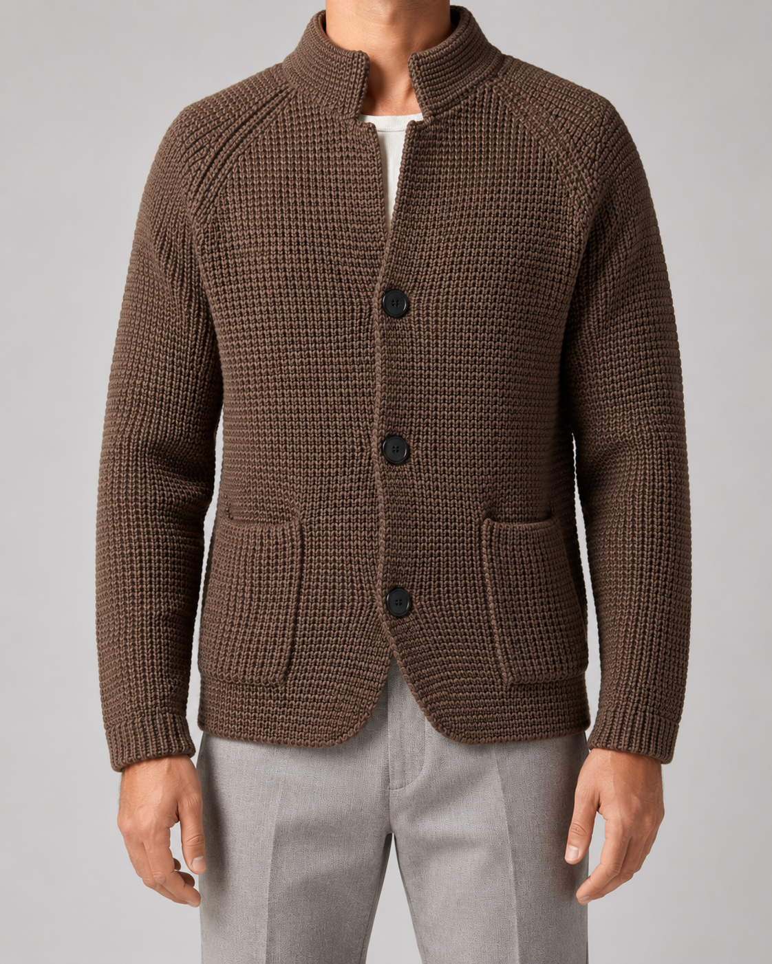Cardigan Uomo in Maglia Grossa Collo Alto con Bottoni
