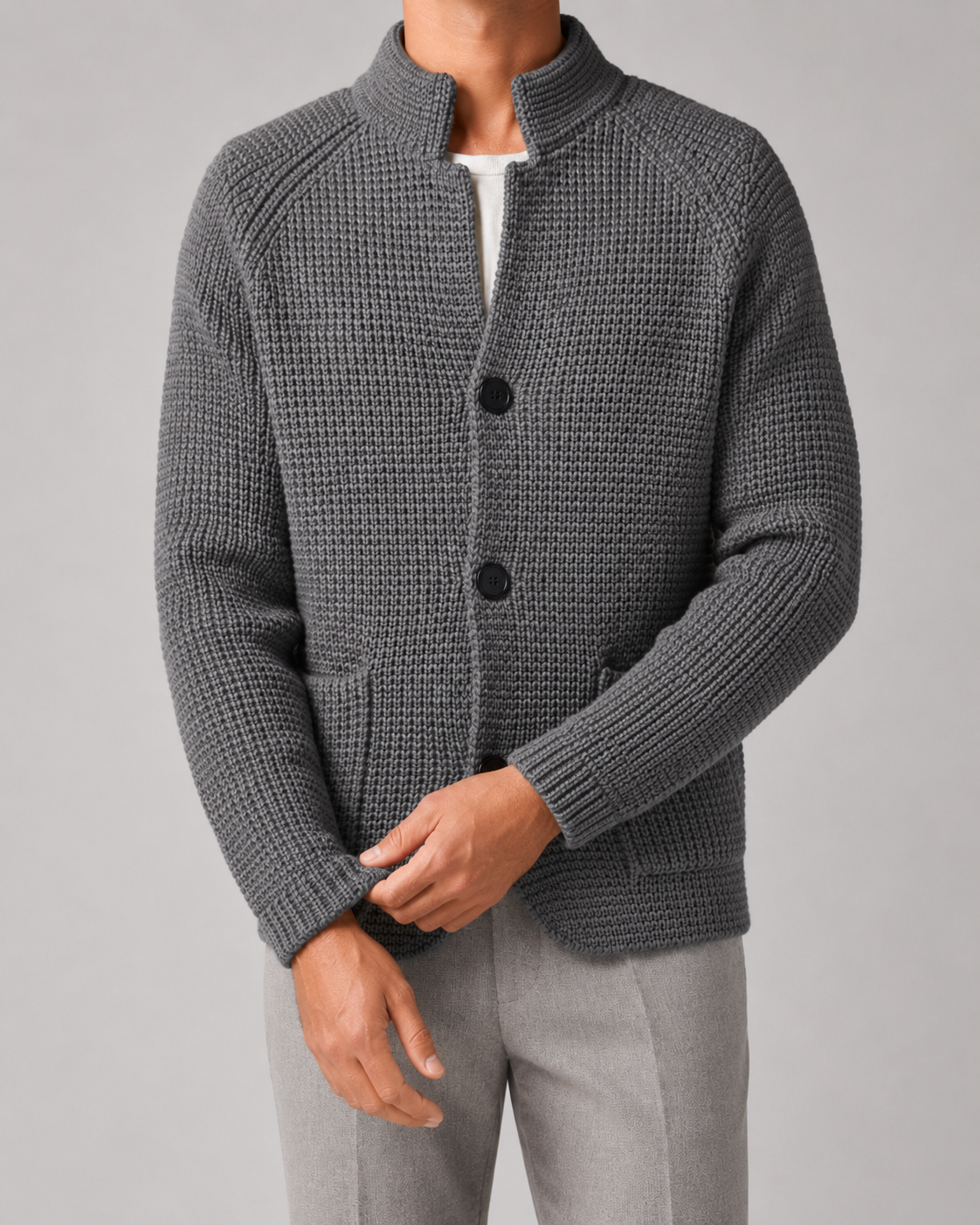 Cardigan Uomo in Maglia Grossa Collo Alto con Bottoni