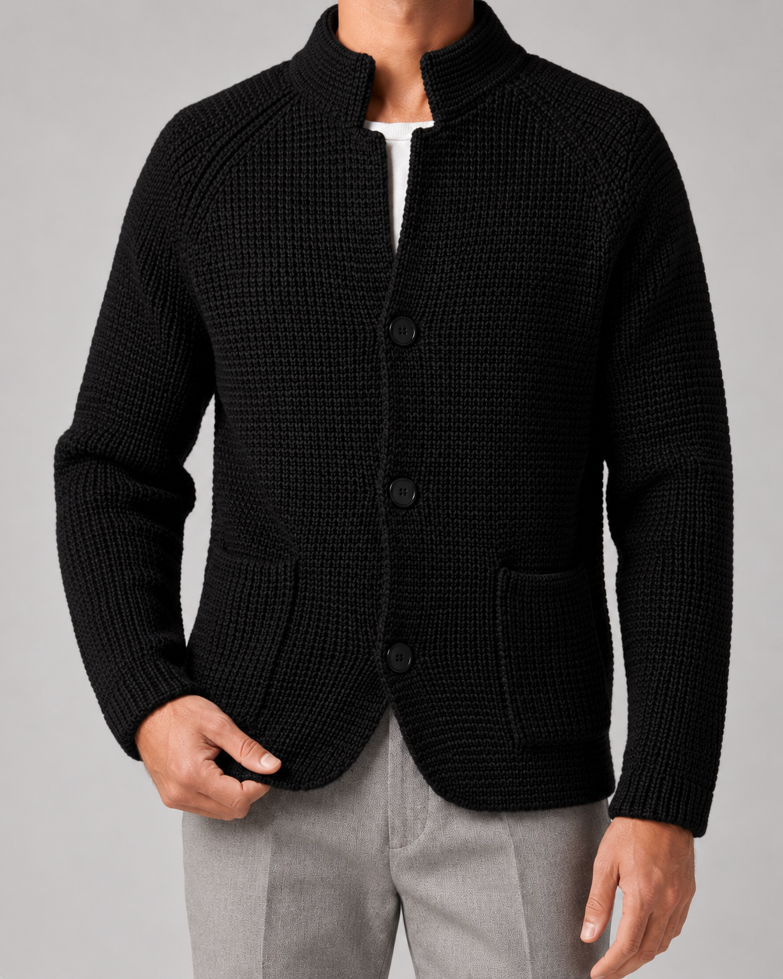 Cardigan Uomo in Maglia Grossa Collo Alto con Bottoni