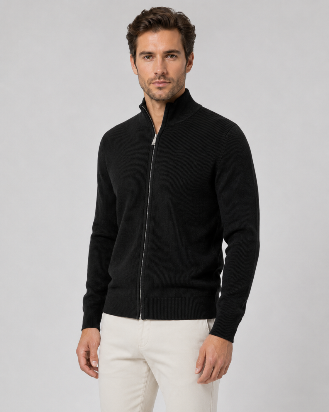 Cardigan Uomo con Zip Integrale e Collo Alto in Maglia