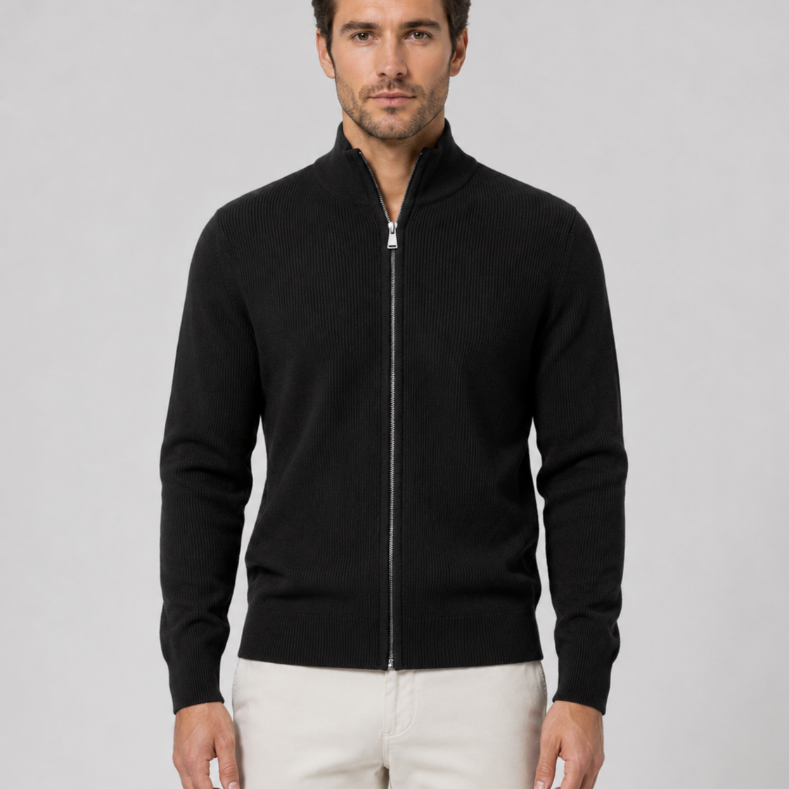 Cardigan Uomo con Zip Integrale e Collo Alto in Maglia