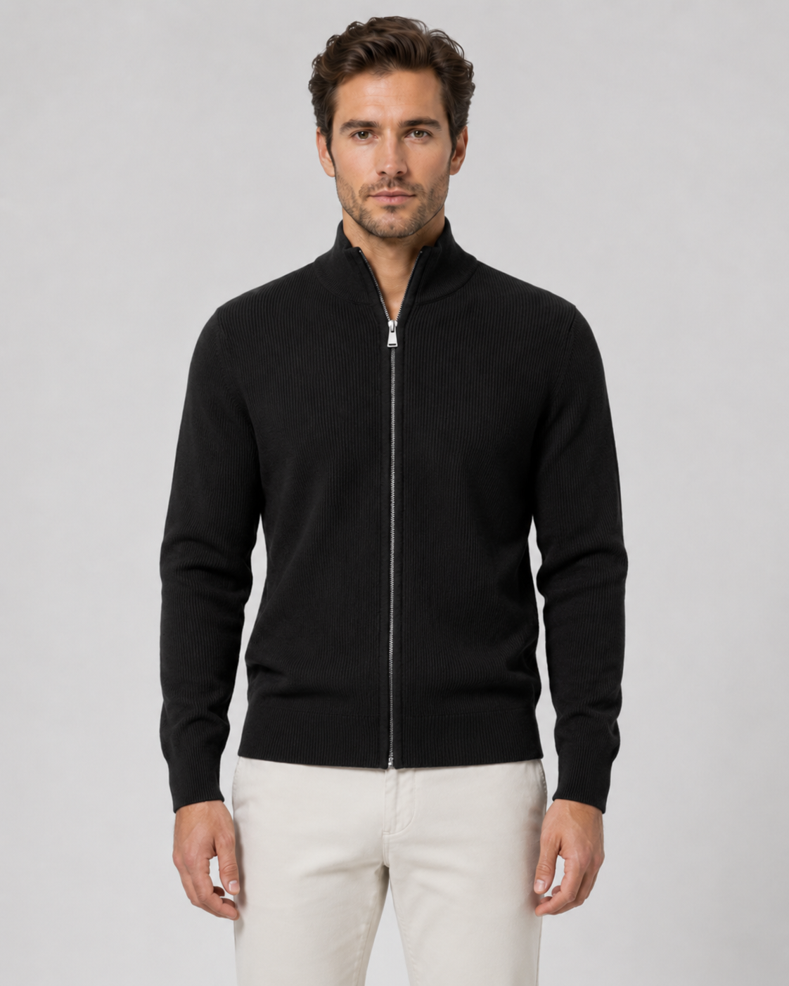 Cardigan Uomo con Zip Integrale e Collo Alto in Maglia