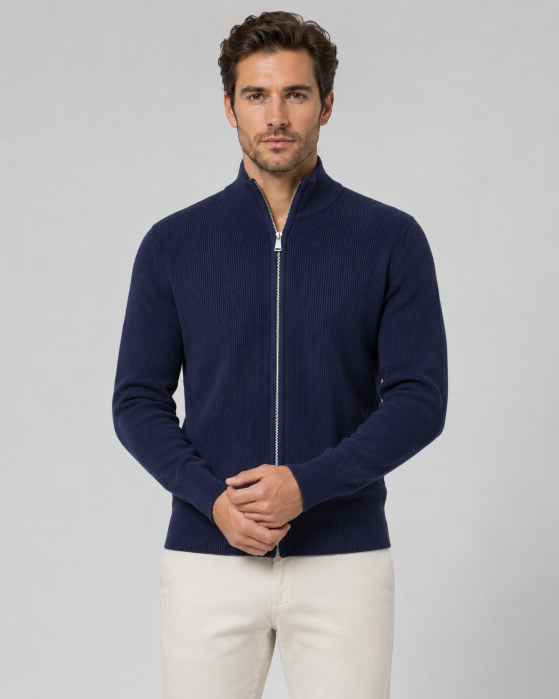 Cardigan Uomo con Zip Integrale e Collo Alto in Maglia