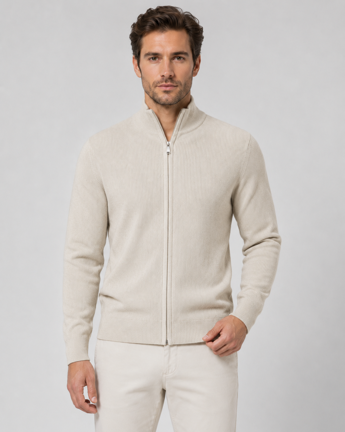 Cardigan Uomo con Zip Integrale e Collo Alto in Maglia