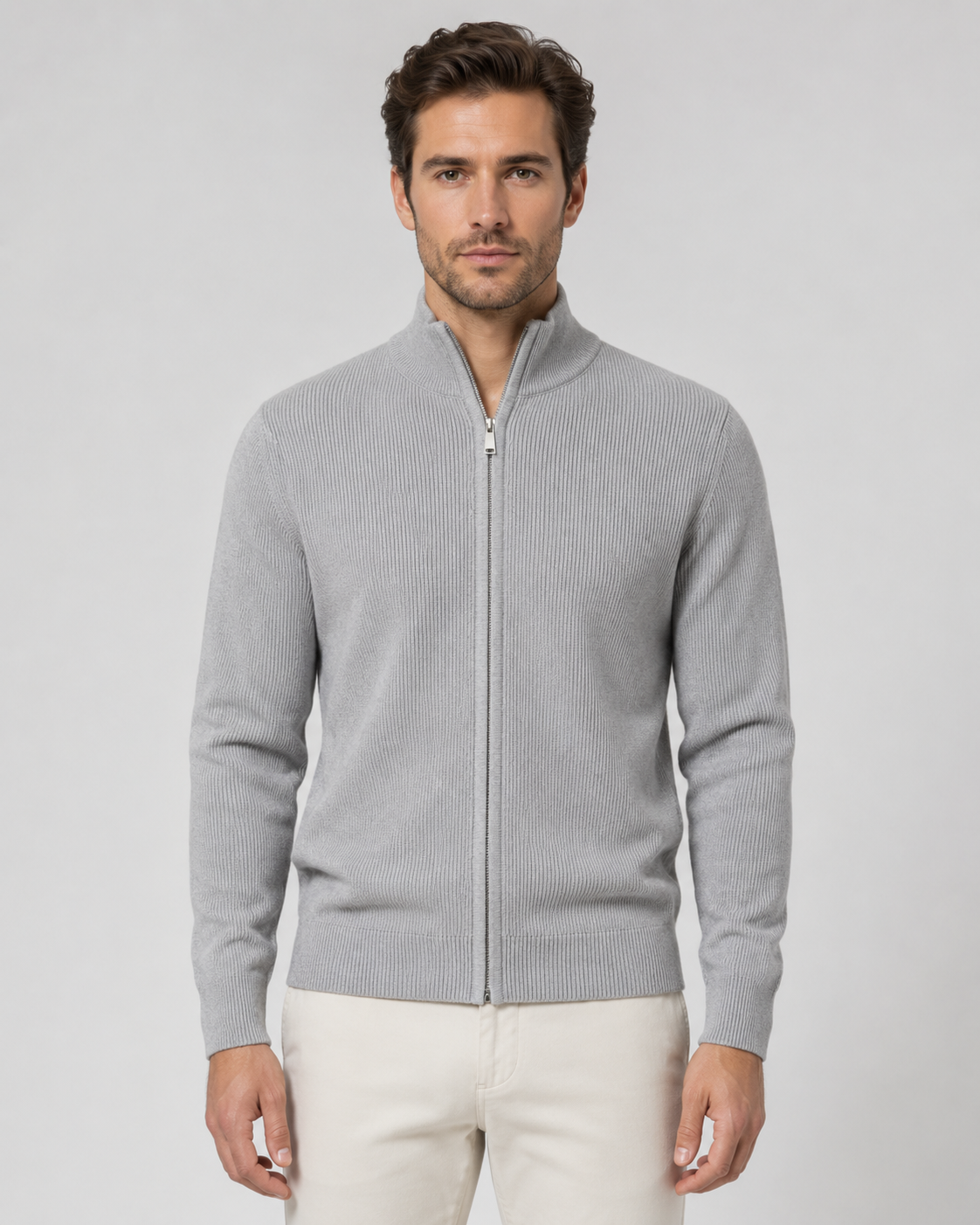 Cardigan Uomo con Zip Integrale e Collo Alto in Maglia