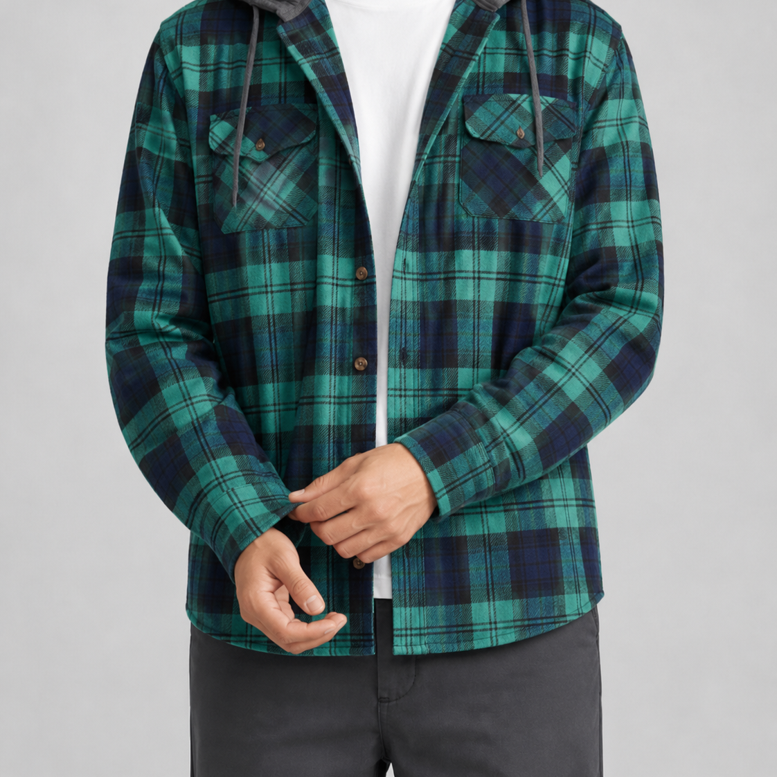 Giacca Camicia Uomo a Quadri con Cappuccio Rilassata