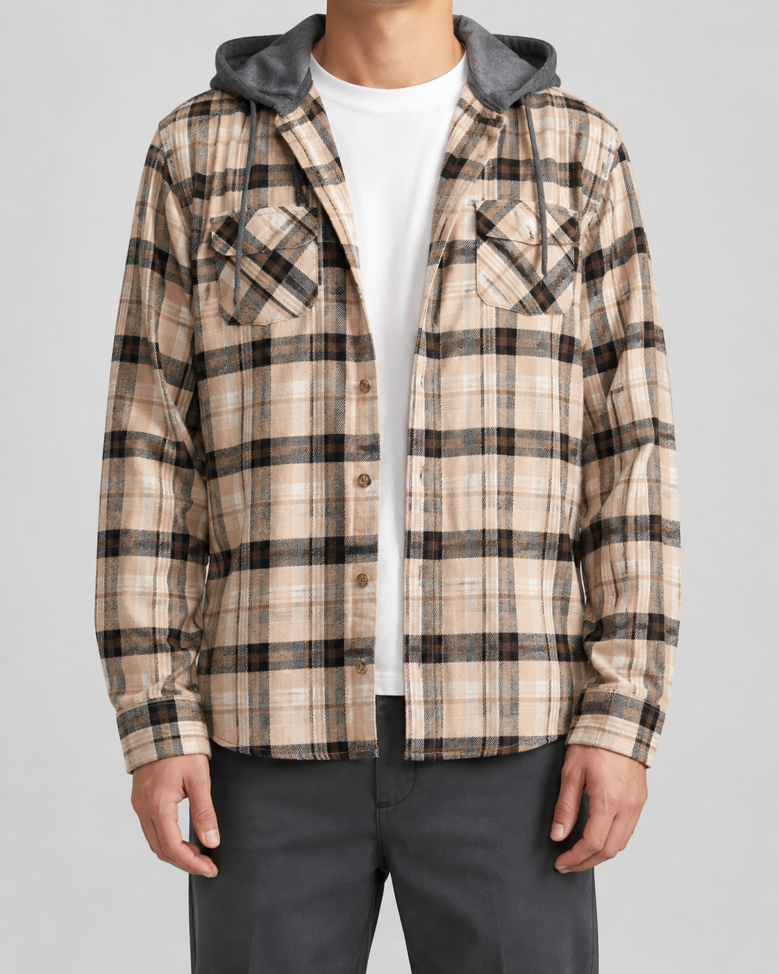 Giacca Camicia Uomo a Quadri con Cappuccio Rilassata