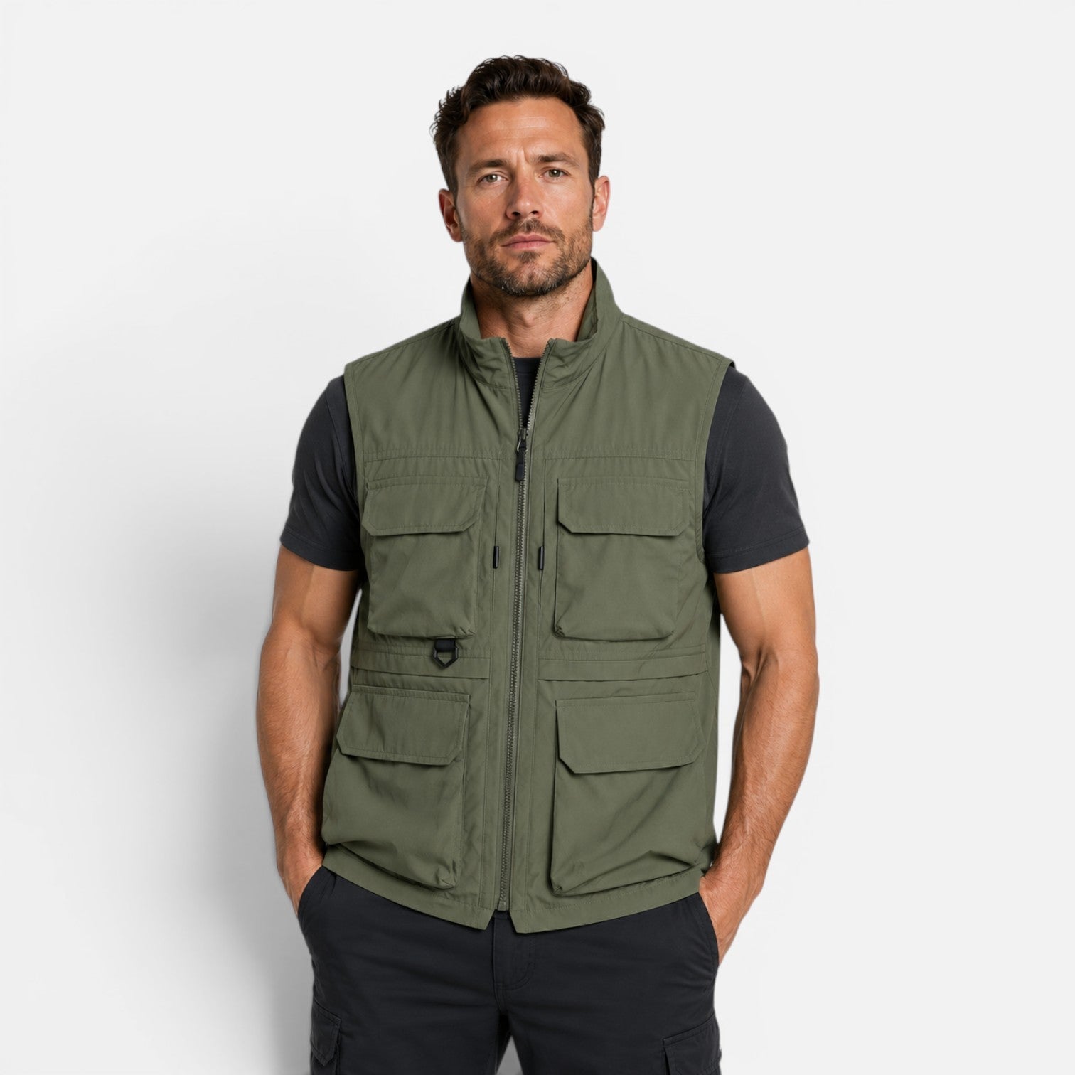 Gilet Uomo Utility Multitasche con Zip Leggero