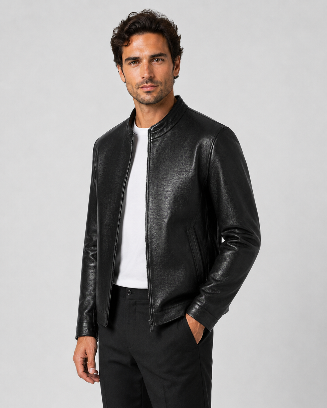 Giacca Uomo Effetto Pelle Collo Alto con Zip