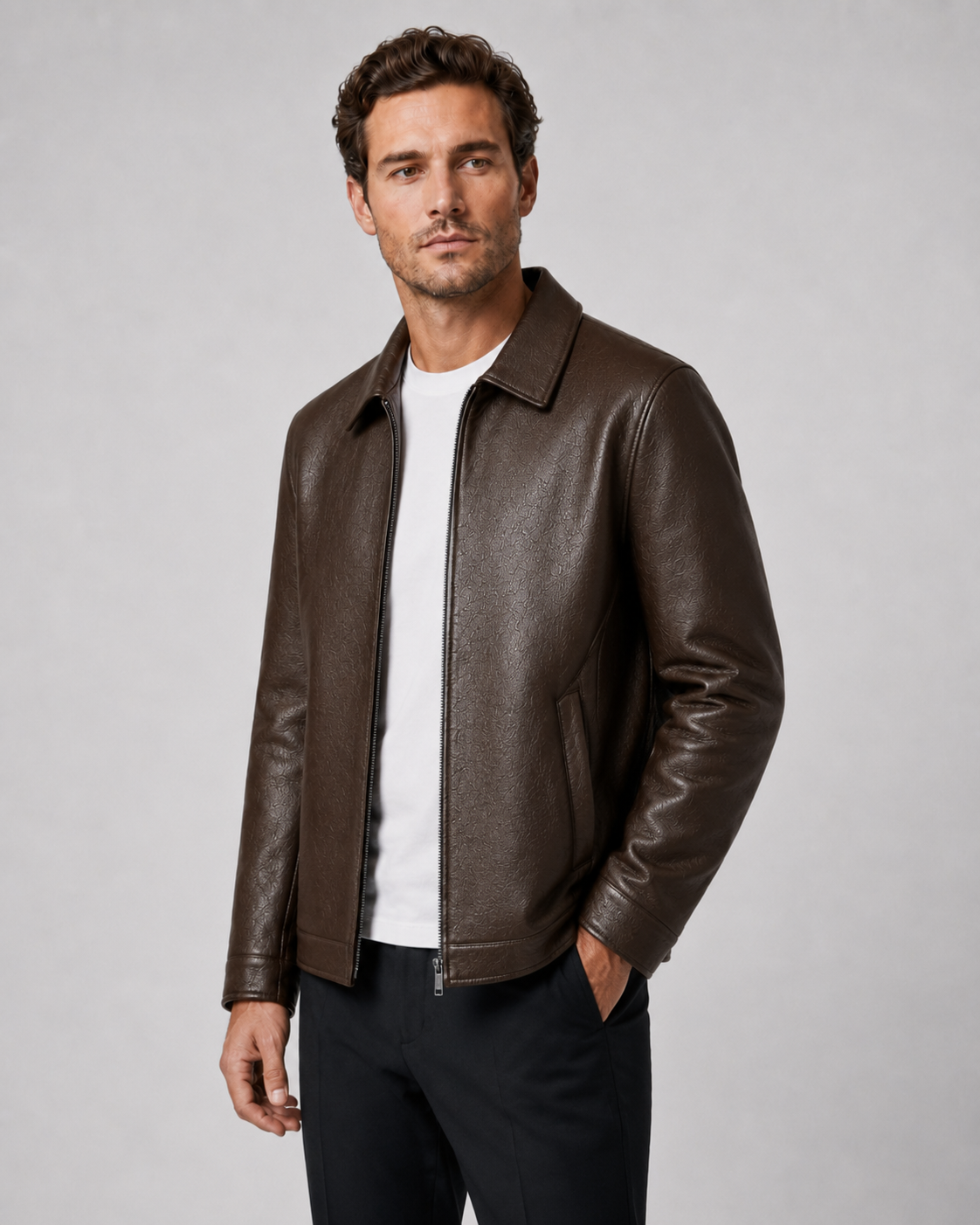 Giacca Uomo Effetto Pelle con Zip Colletto Classico