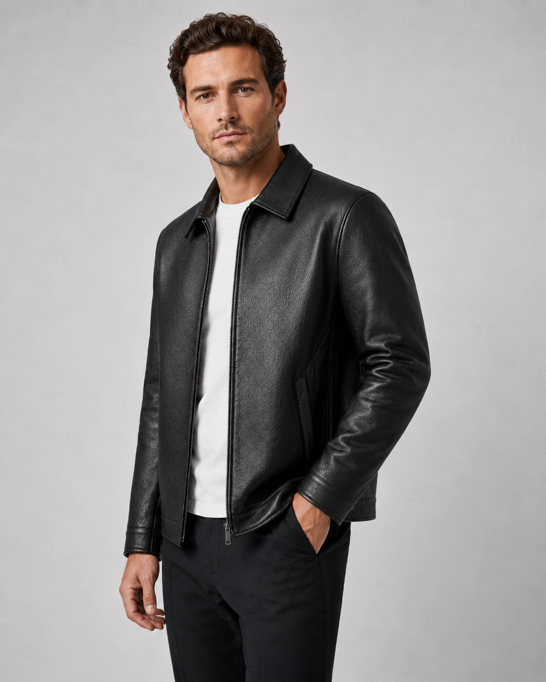 Giacca Uomo Effetto Pelle con Zip Colletto Classico