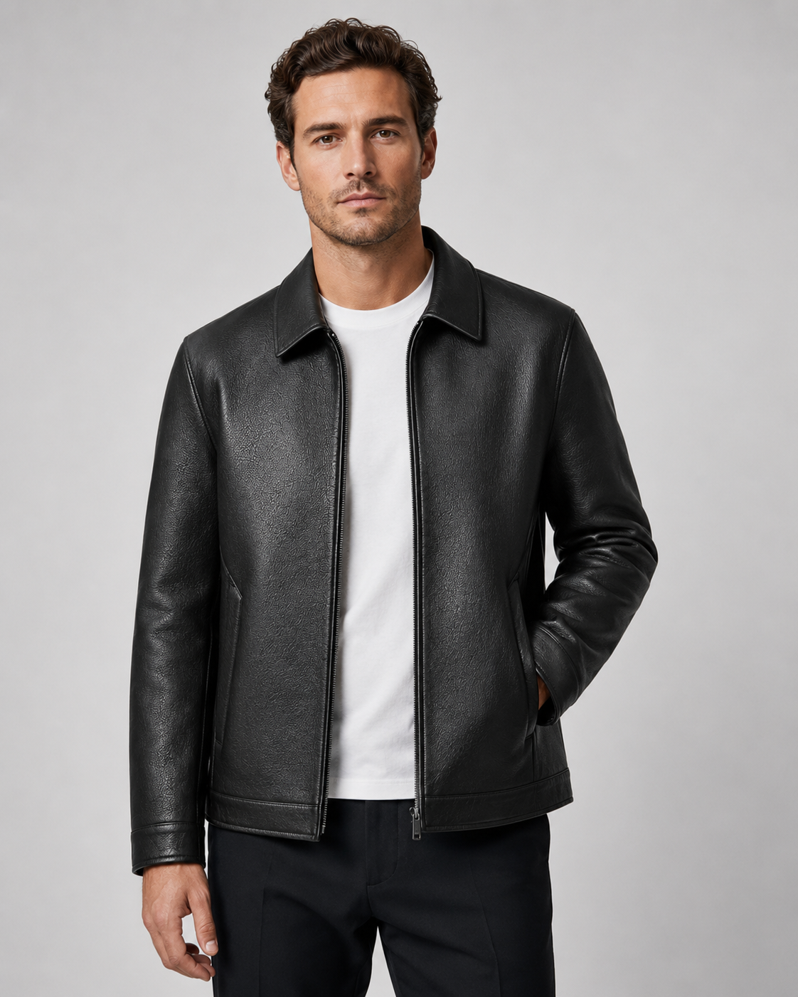 Giacca Uomo Effetto Pelle con Zip Colletto Classico