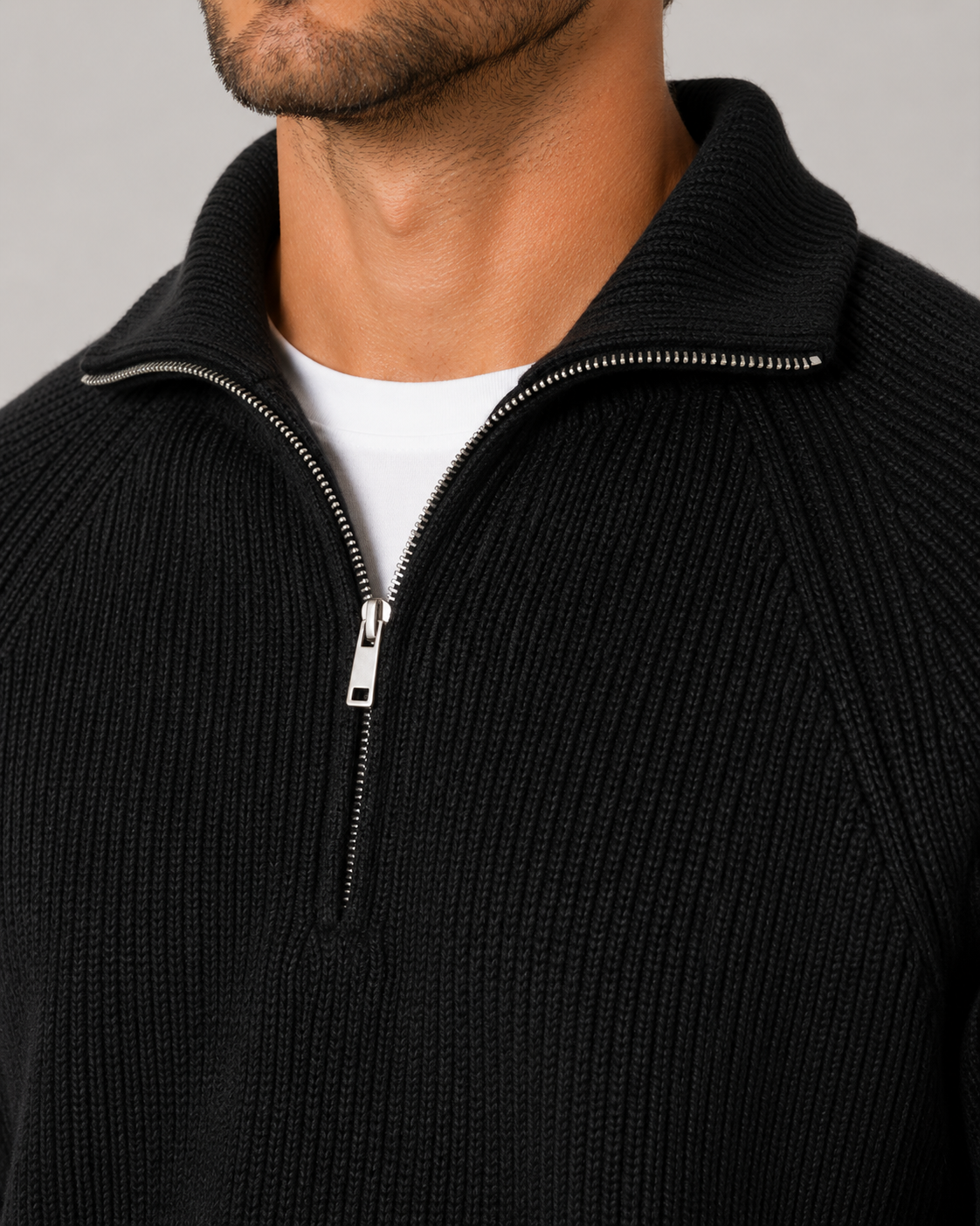 Maglione Uomo Mezza Zip a Coste Collo Mock