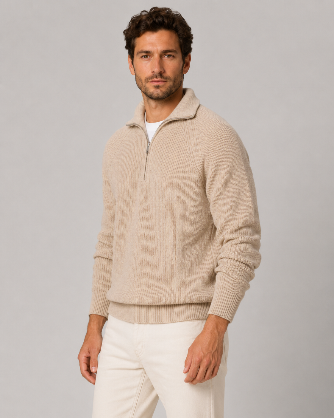 Maglione Uomo Mezza Zip a Coste Collo Mock