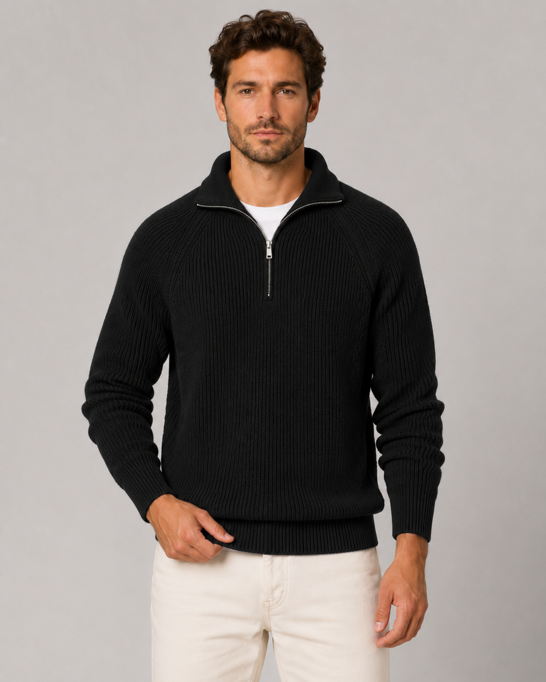 Maglione Uomo Mezza Zip a Coste Collo Mock