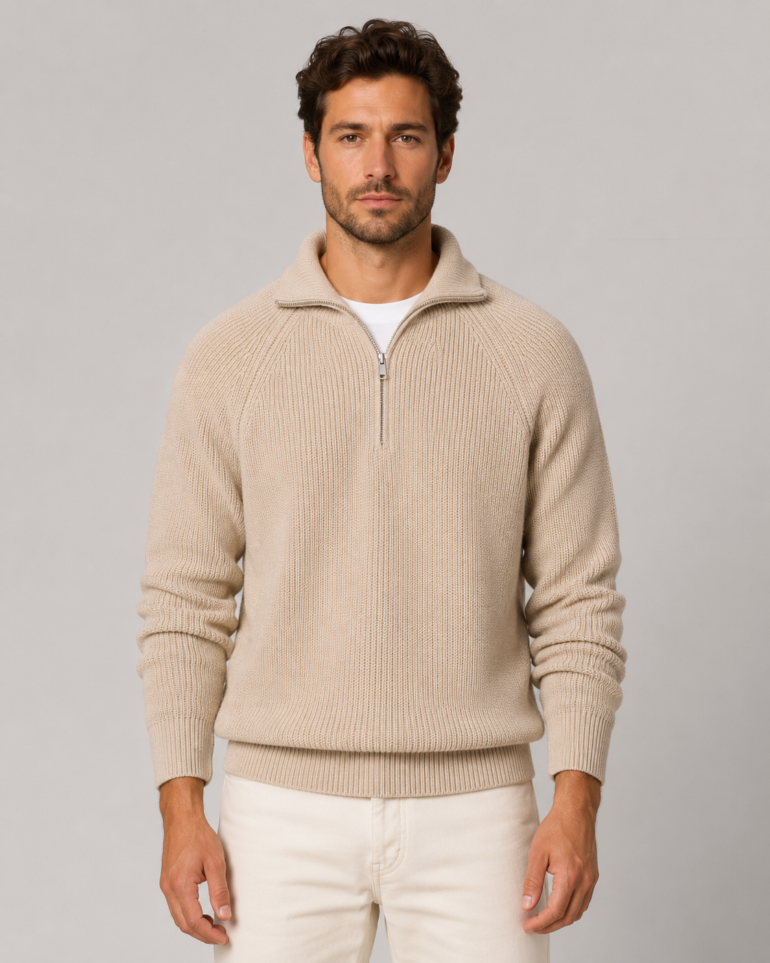 Maglione Uomo Mezza Zip a Coste Collo Mock