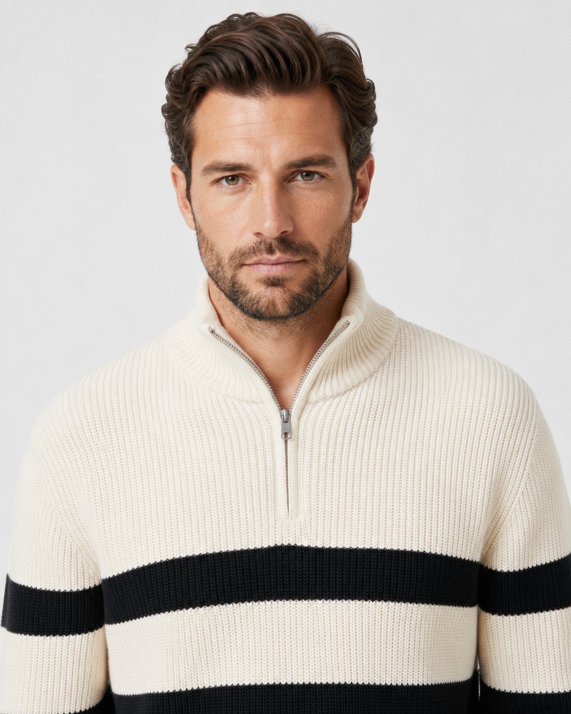 Maglione Uomo Mezza Zip a Righe in Maglia a Coste