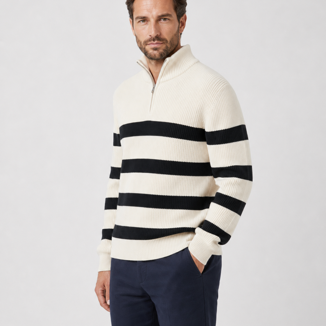 Maglione Uomo Mezza Zip a Righe in Maglia a Coste