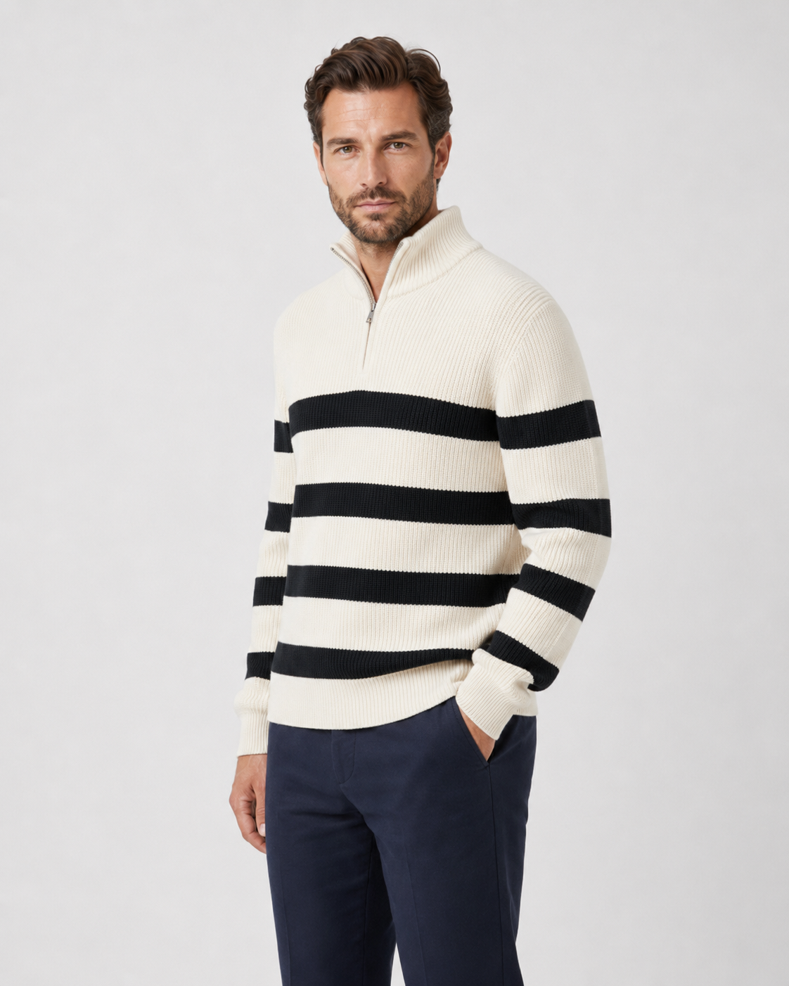 Maglione Uomo Mezza Zip a Righe in Maglia a Coste