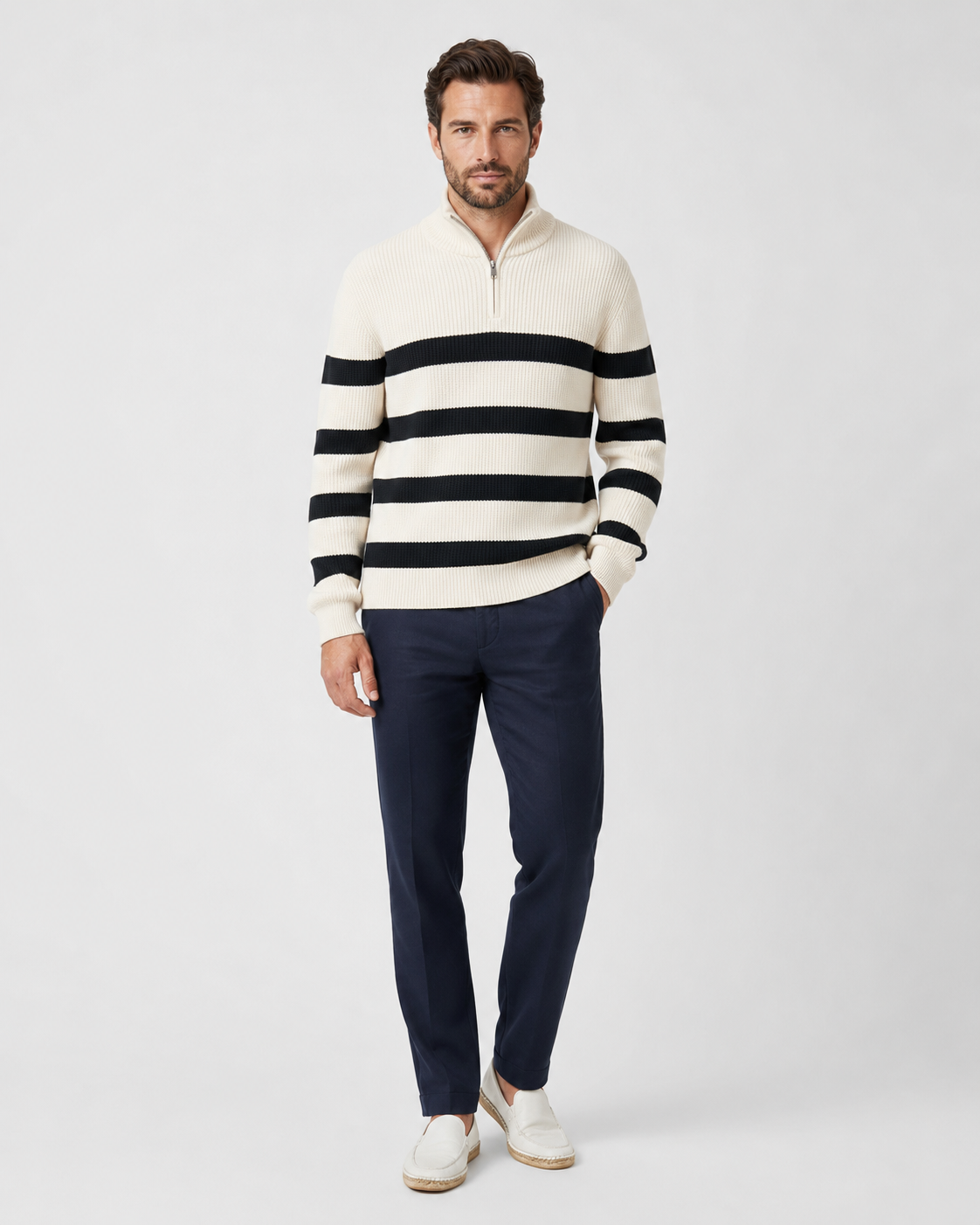 Maglione Uomo Mezza Zip a Righe in Maglia a Coste