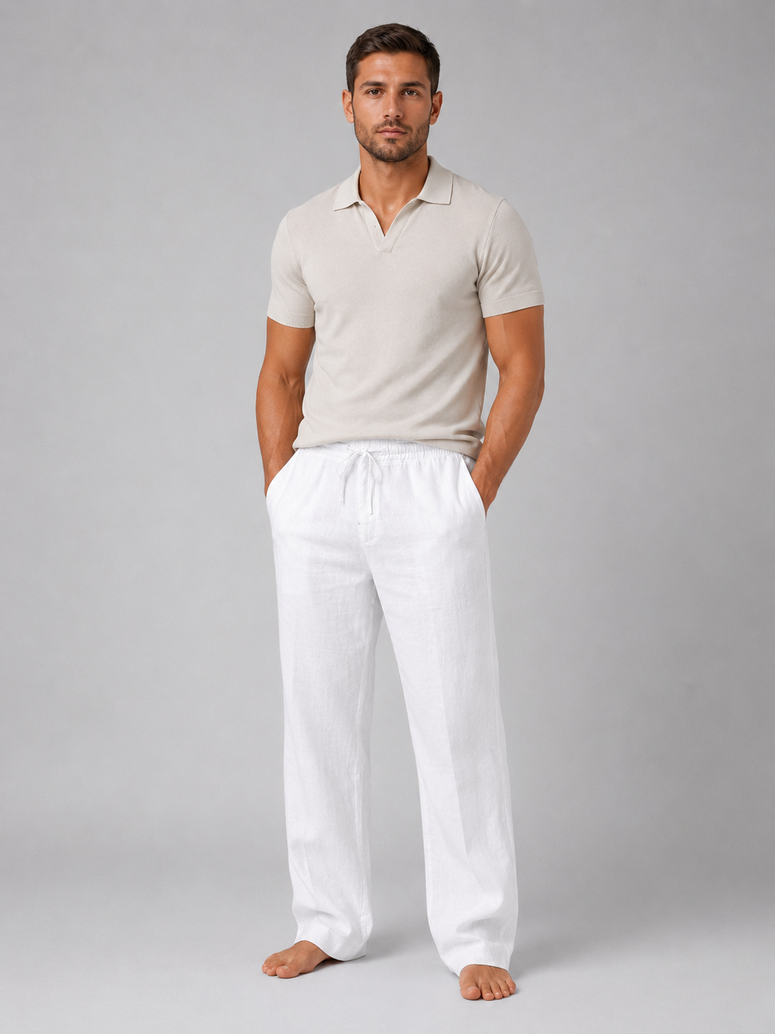 Pantaloni Uomo in Misto Lino Vita Coulisse Taglio Ampio Estivi