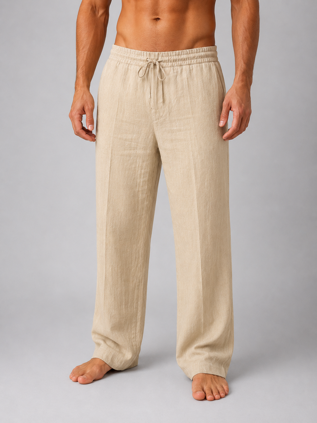 Pantaloni Uomo in Misto Lino Vita Coulisse Taglio Ampio Estivi
