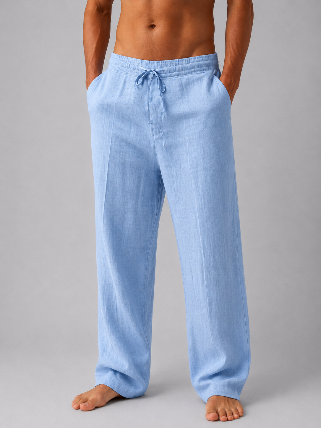 Pantaloni Uomo in Misto Lino Vita Coulisse Taglio Ampio Estivi