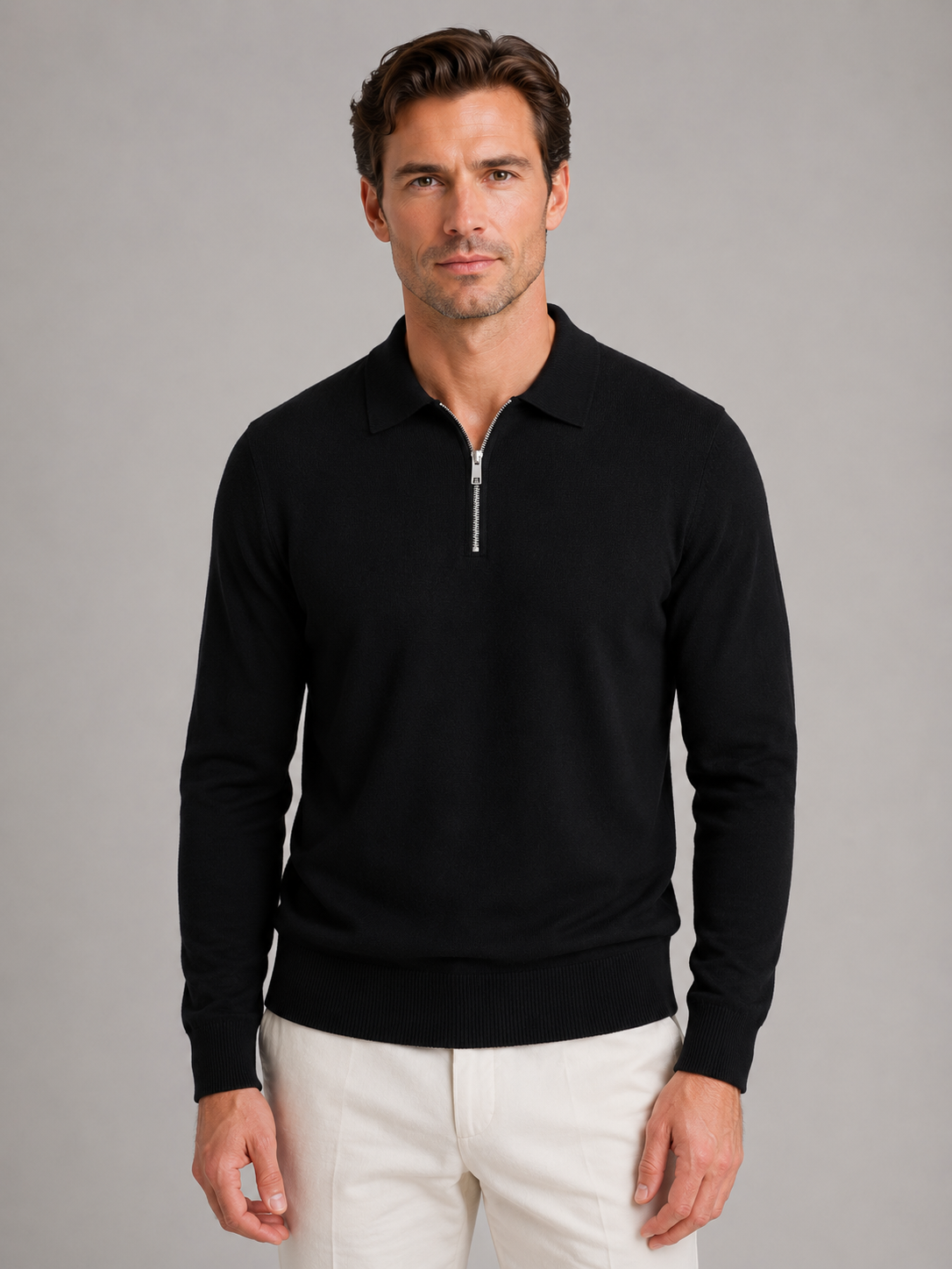 Maglione Uomo Collo Polo Mezza Zip in Maglia Fine