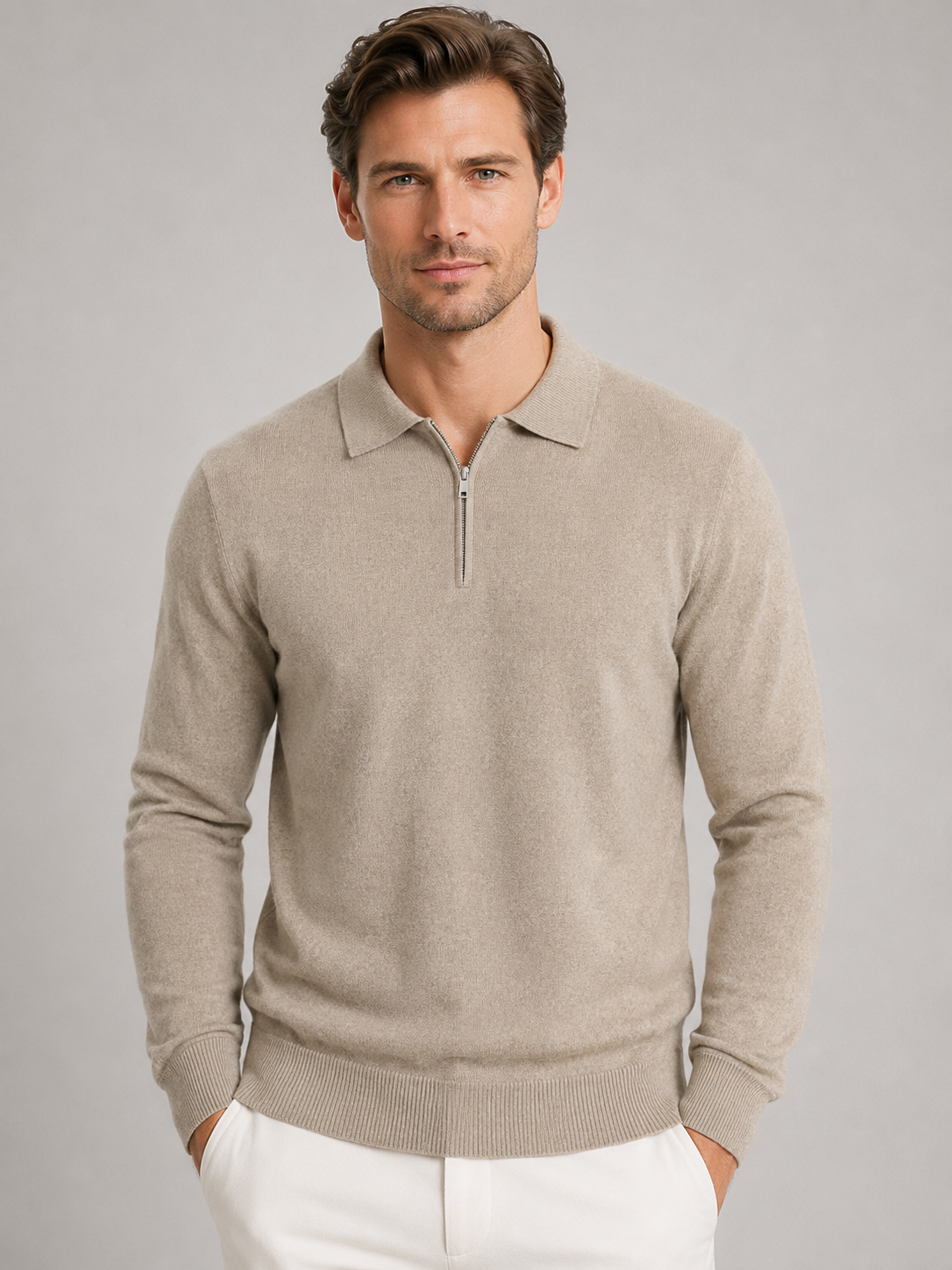 Maglione Uomo Collo Polo Mezza Zip in Maglia Fine